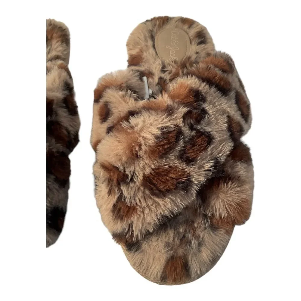 Cat & Jack Girls Leopard Print brooklyn faux fur slide on slippers  L(4/5)
